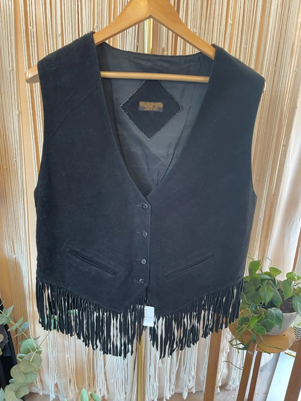 Vintage black suede leather fringe vest with cotton Mexican Dobby fabric back - Picture 7 of 9
